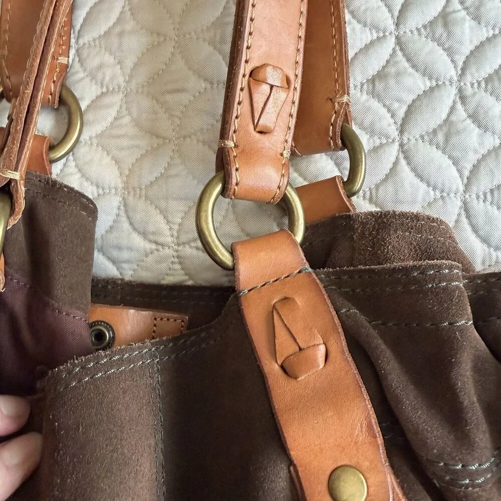 VTG Lucky Brand Brown Suede Hobo Shoulder Handbag Satchel Tan Straps